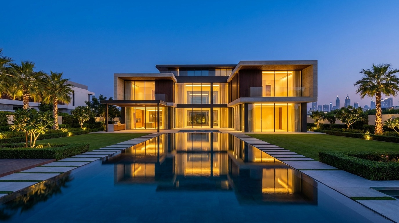 Luxury Dubai villa at blue hour